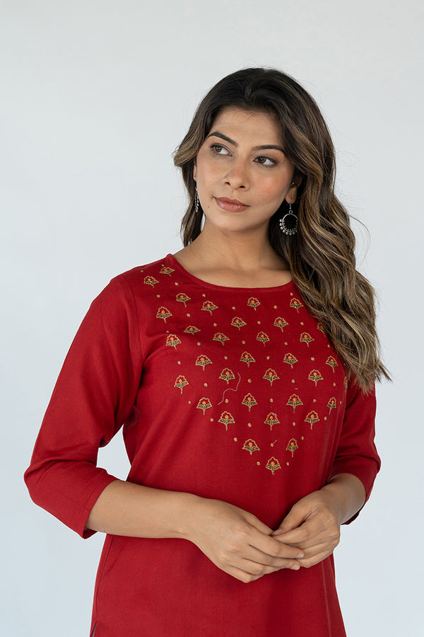 Cotton Hand Embroidered kurta - Red
