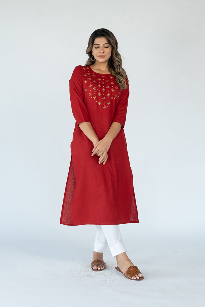 Cotton Hand Embroidered kurta - Red