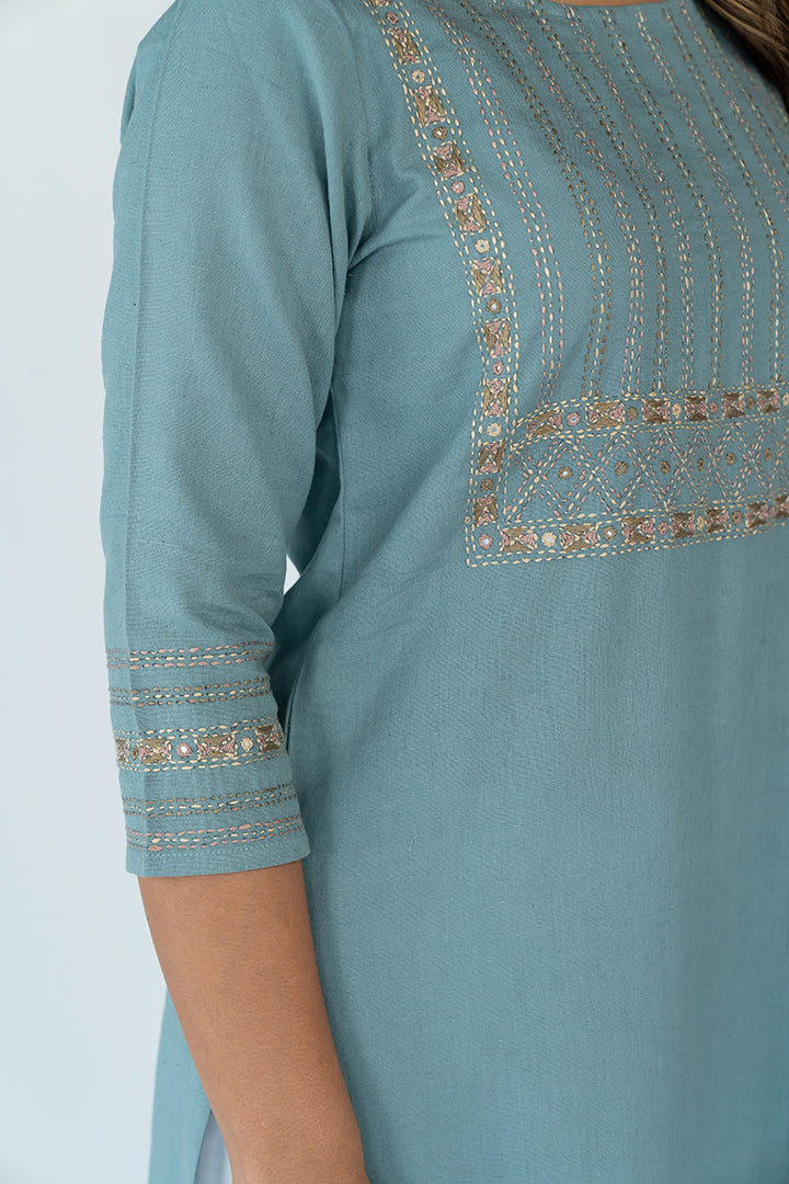 Cotton Hand Embroidered kurta - Slate Blue