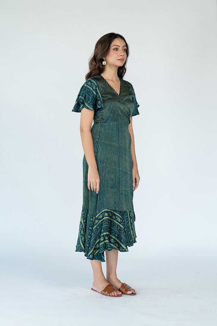 Ajrakh Modal Wrap Dress With Asymmetrical Hemline - Indigo