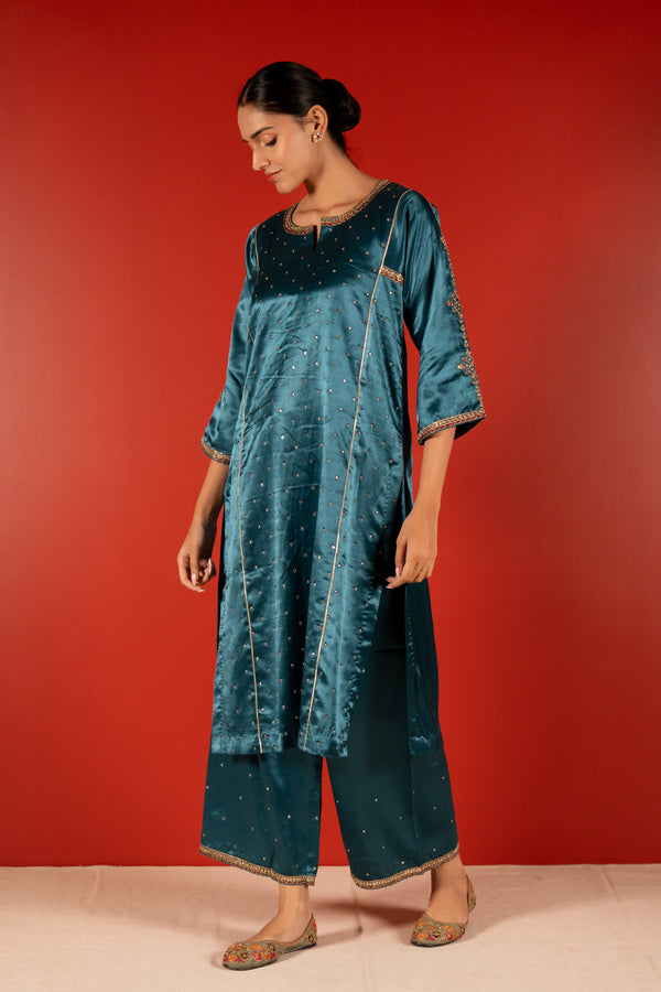 Mashru Hand Work Kurta - Blue