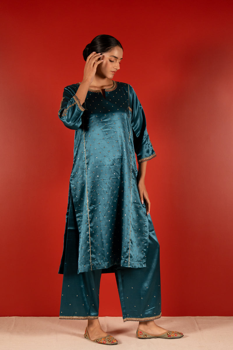 Mashru Hand Work Kurta - Blue