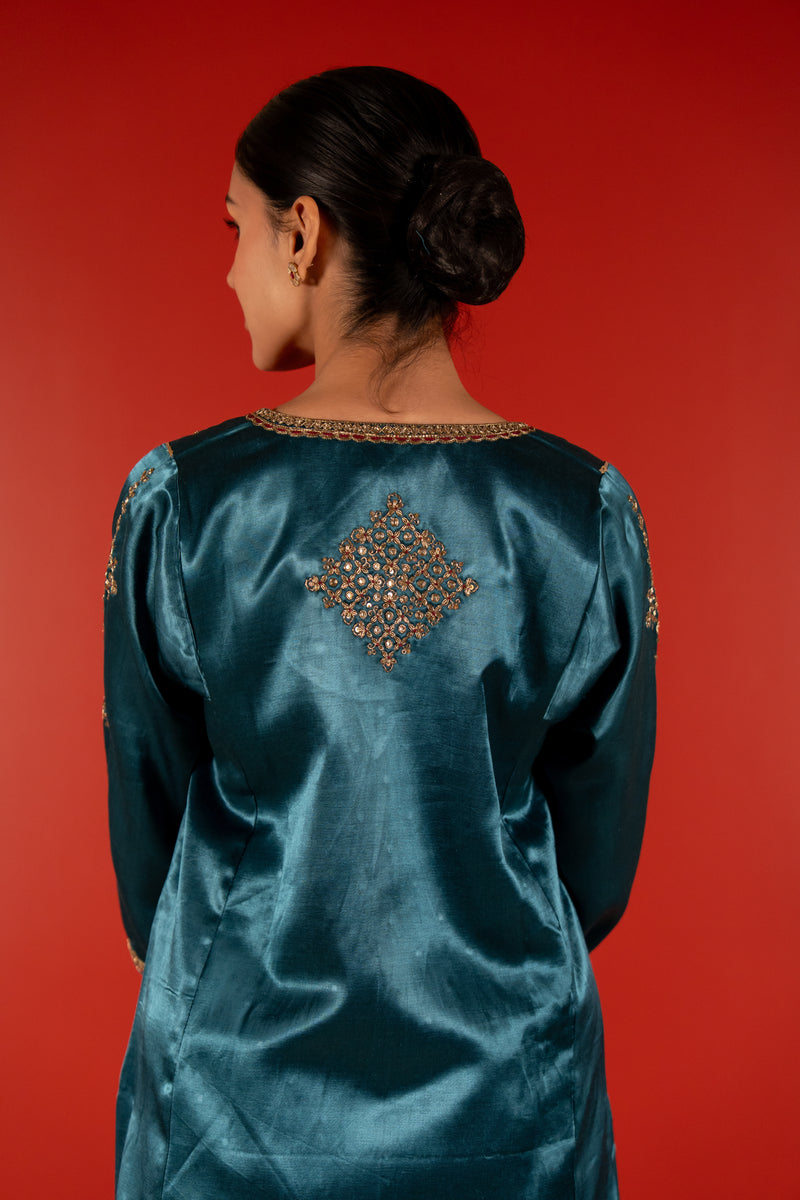 Mashru Hand Work Kurta - Blue