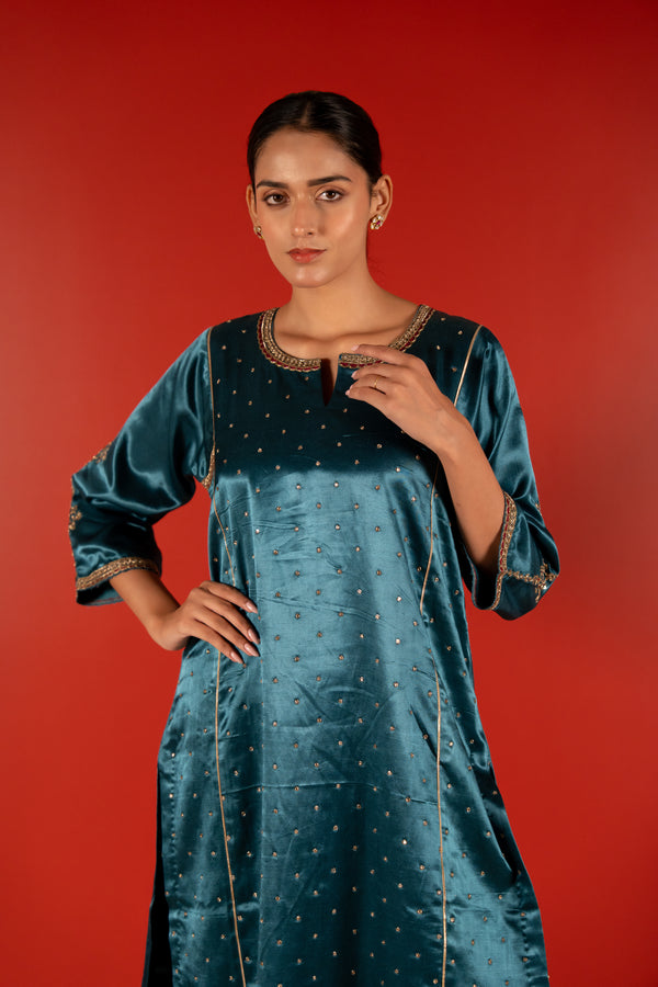 Mashru Hand Work Kurta - Blue