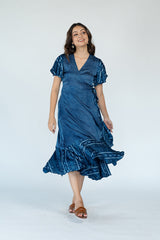 Ajrakh Modal Wrap Dress With Asymmetrical Hemline - Indigo