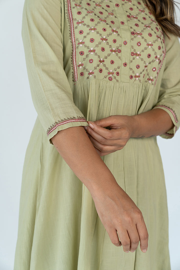 Cotton Hand Embroidered kurta - Pista green