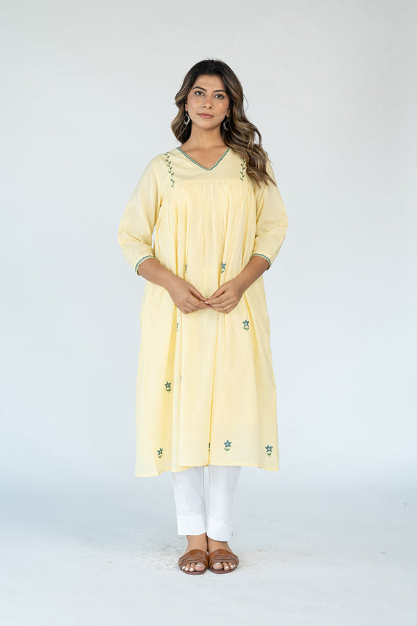 Cotton Hand Embroidered Dress - Lemon Yellow