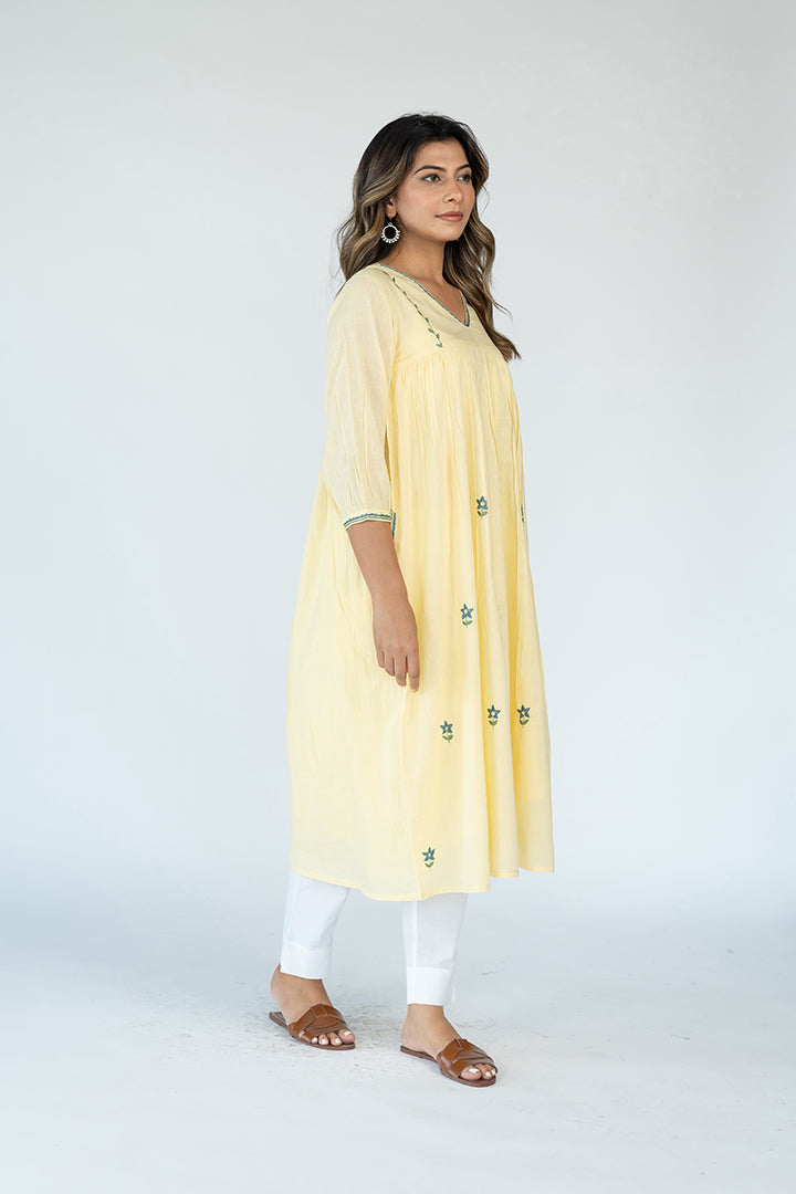Cotton Hand Embroidered Dress - Lemon Yellow
