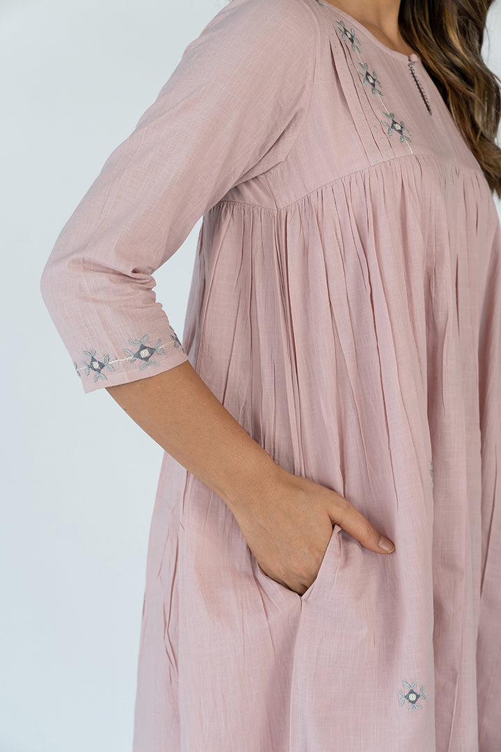 Cotton Hand Embroidered Dress - Onion Pink