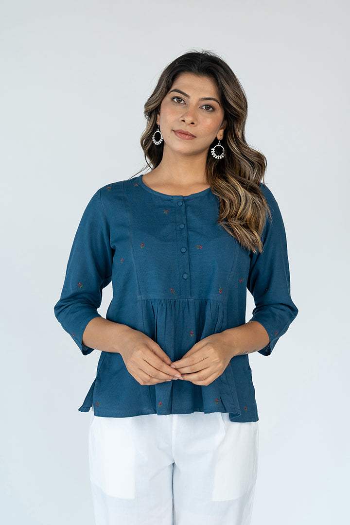 Cotton Hand Embroidered Top - Blue
