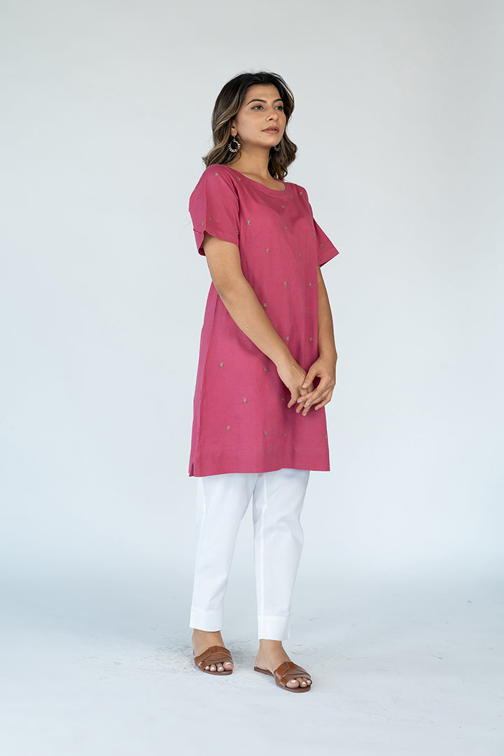 Cotton Hand Embroidered Dress - Pink