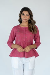Cotton Hand Embroidered Top - Pink