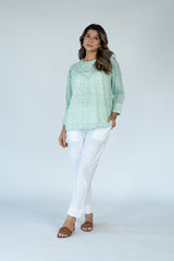 Cotton Hand Block Printed Top- Turquoise Green