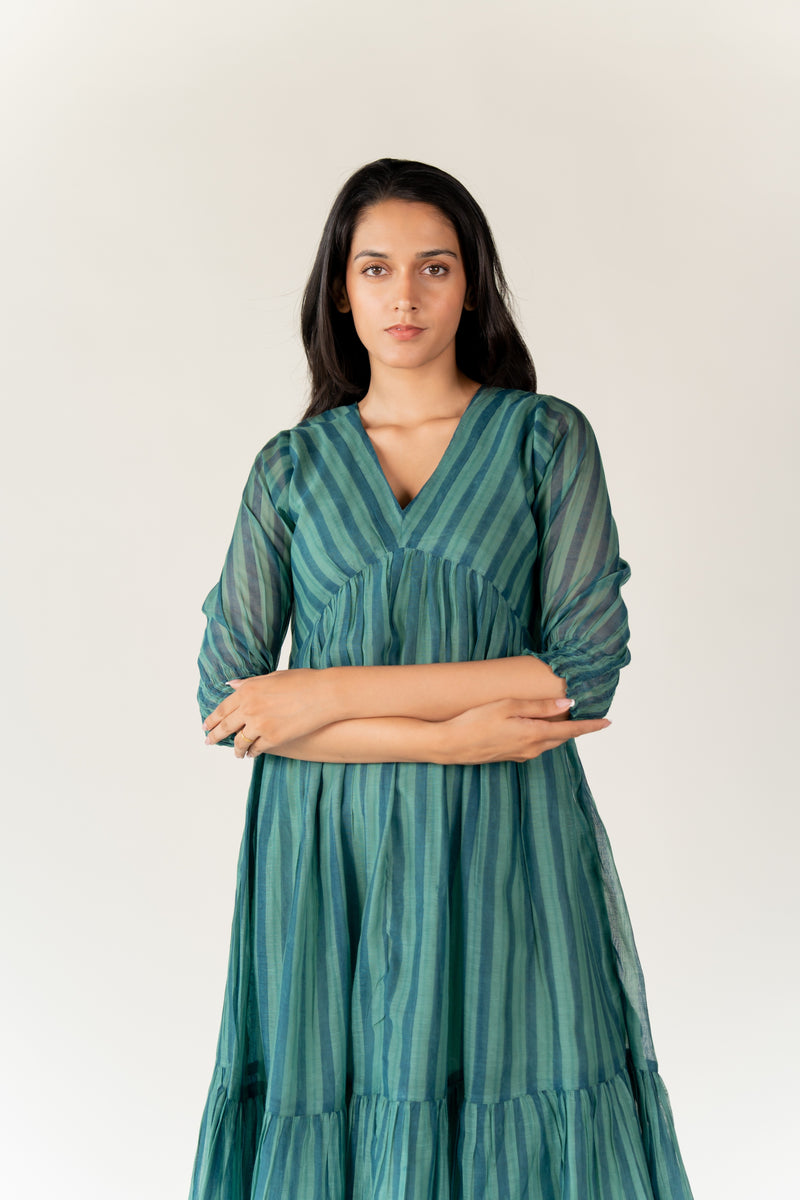 Chanderi Hand Block Printed Dress - Green