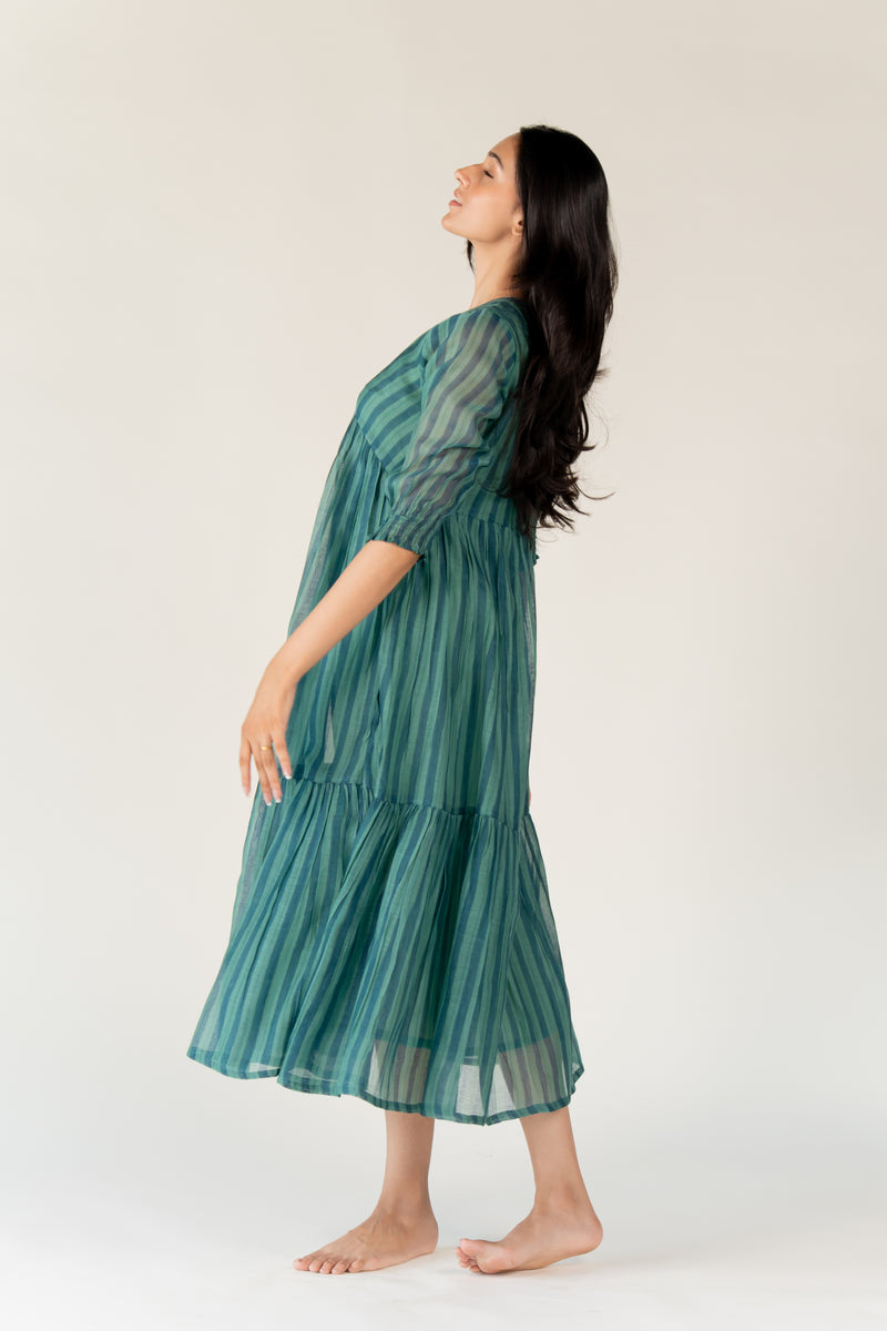 Chanderi Hand Block Printed Dress - Green