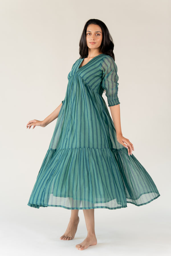 Chanderi Hand Block Printed Dress - Green