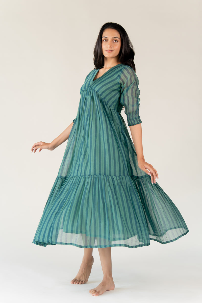 Chanderi Hand Block Printed Dress - Green