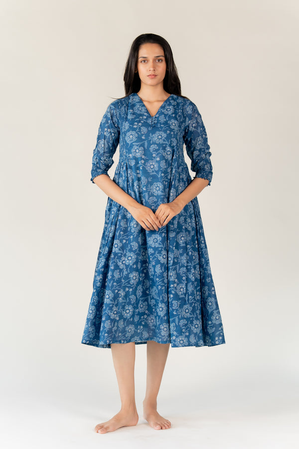 Cotton Hand Block Printed Dress - Blue