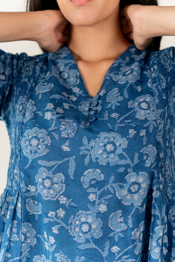 Cotton Hand Block Printed Dress - Blue