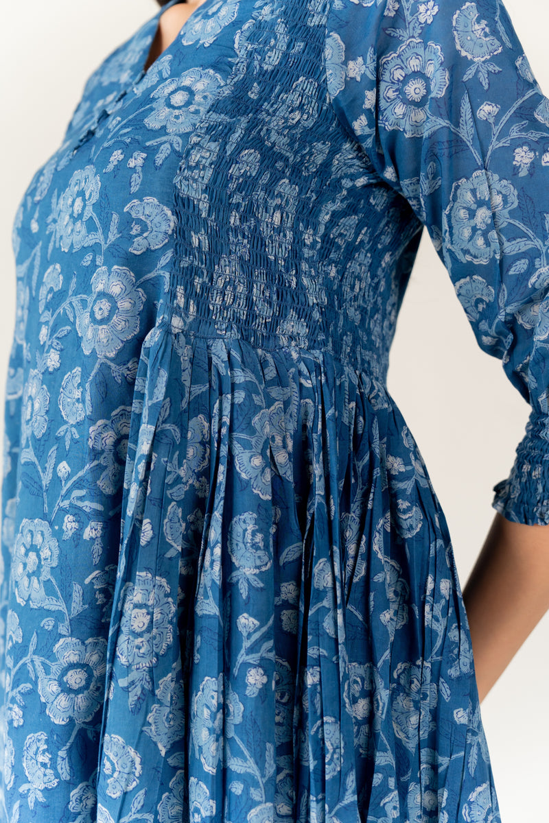 Cotton Hand Block Printed Dress - Blue