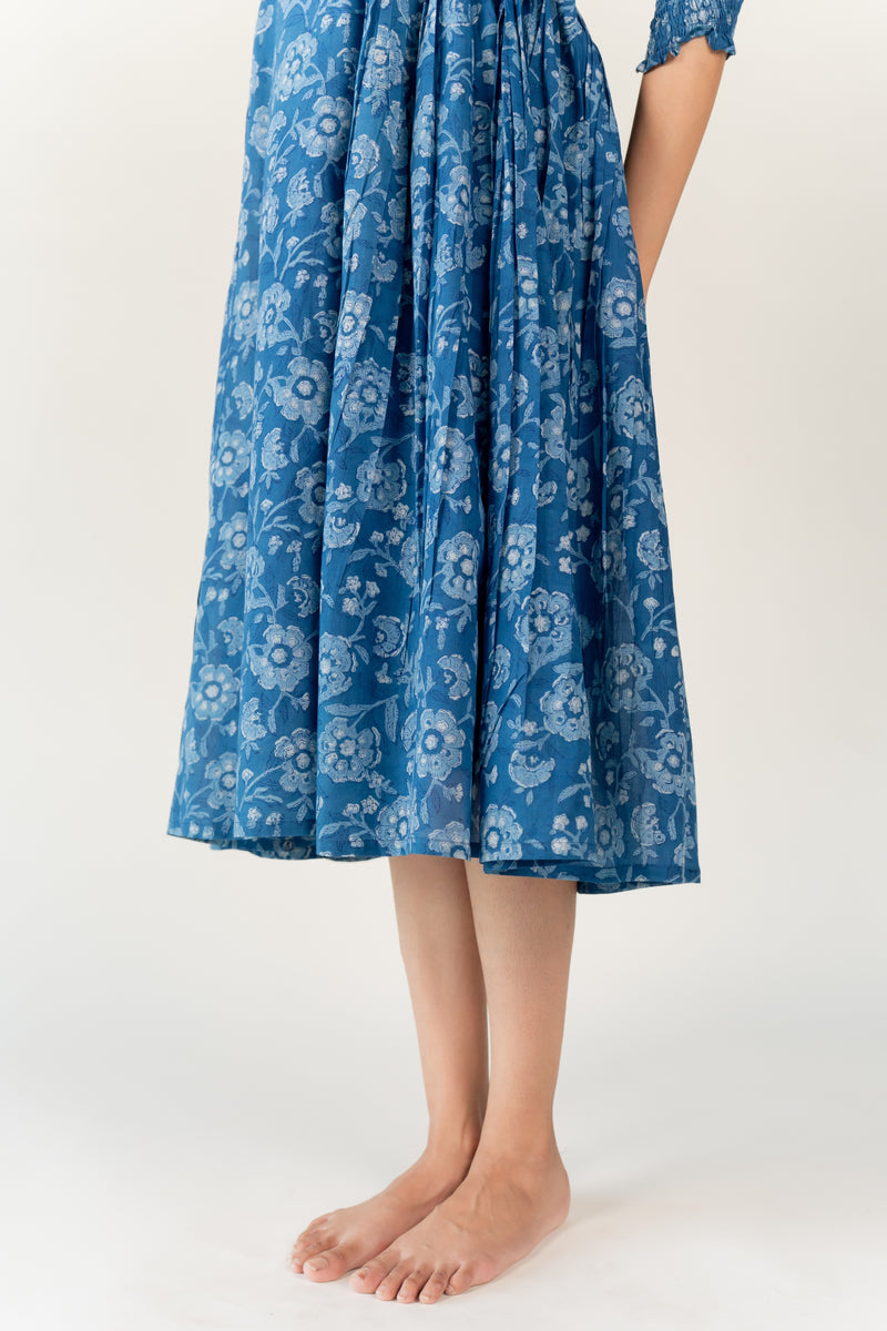 Cotton Hand Block Printed Dress - Blue