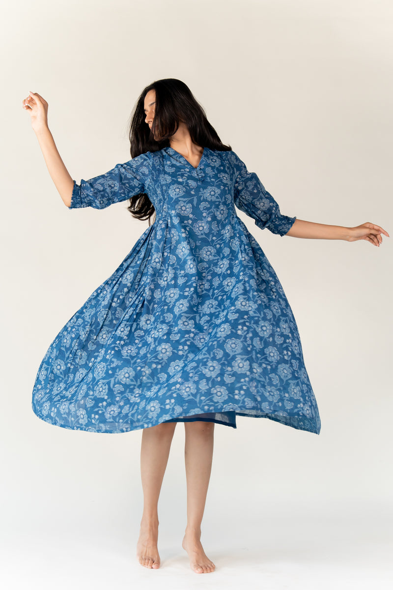 Cotton Hand Block Printed Dress - Blue