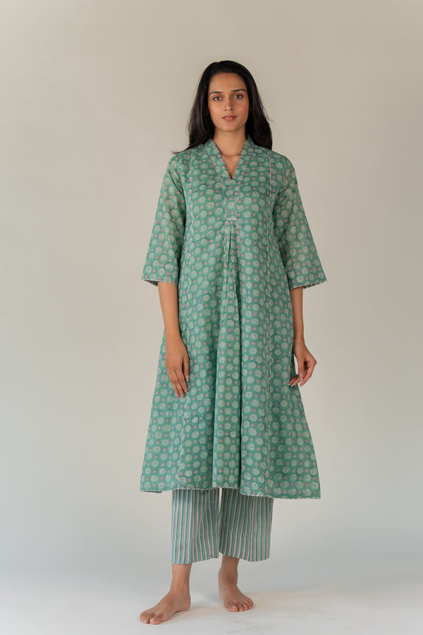 Cotton Hand Block Printed Kurta - Green