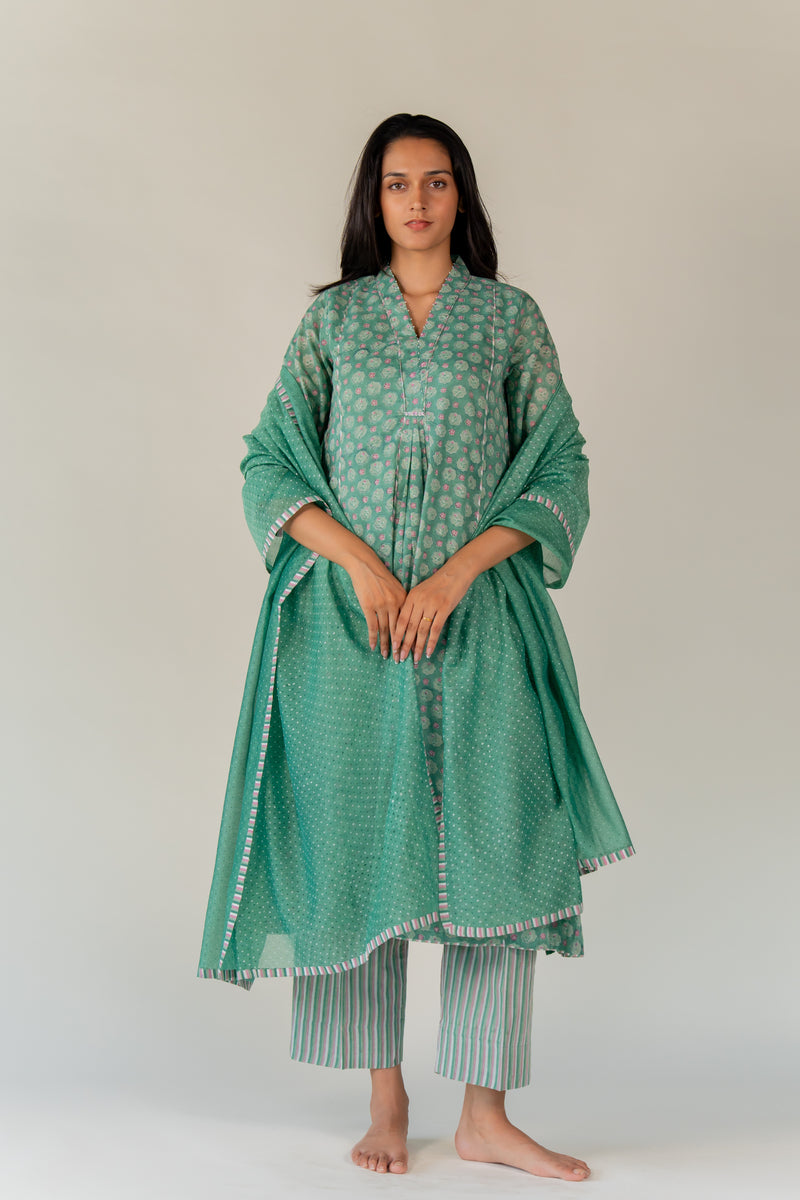 Chanderi Hand Block Printed Dupatta - Green