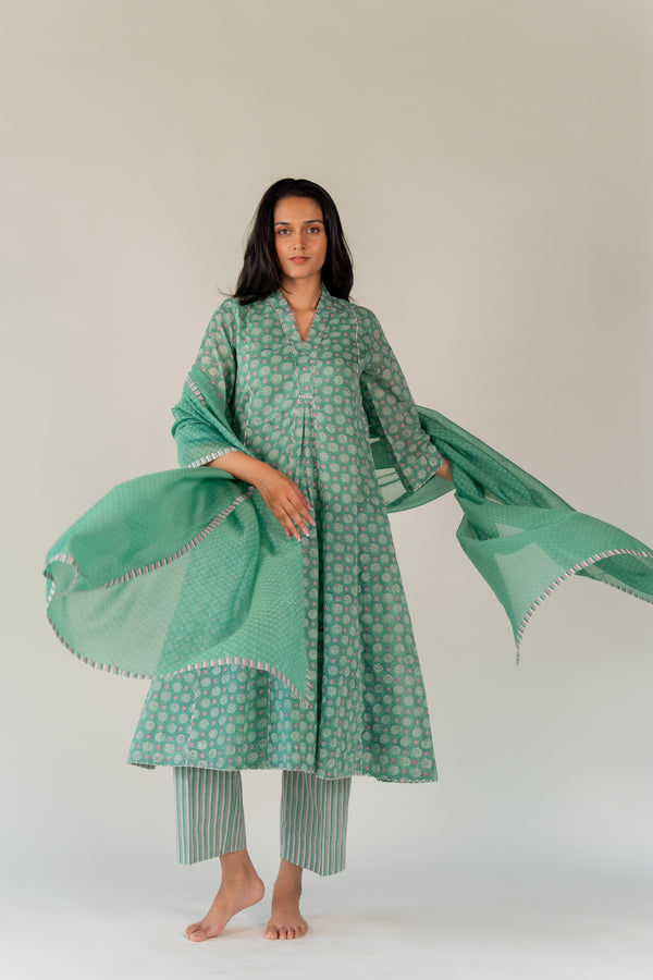 Chanderi Hand Block Printed Dupatta - Green