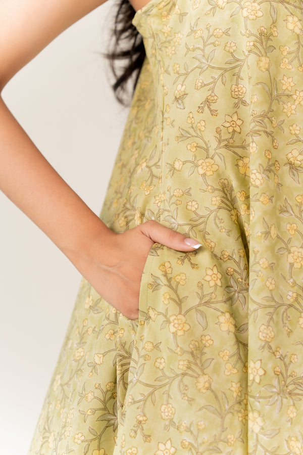 Cotton Hand Block Printed Dress - Green