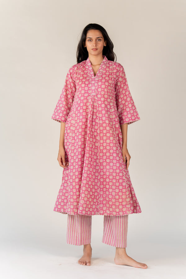 Cotton Hand Block Printed Kurta - Pink