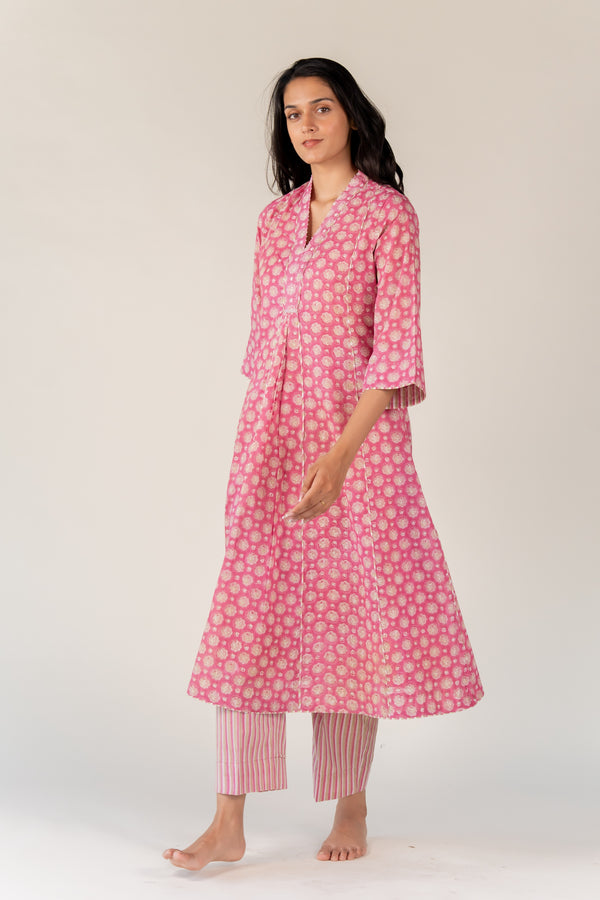 Cotton Hand Block Printed Kurta - Pink