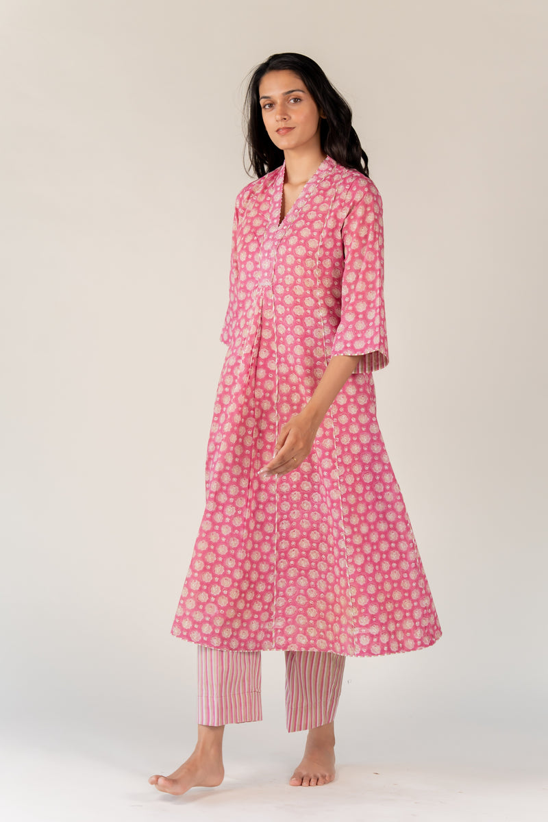 Cotton Hand Block Printed Kurta - Pink