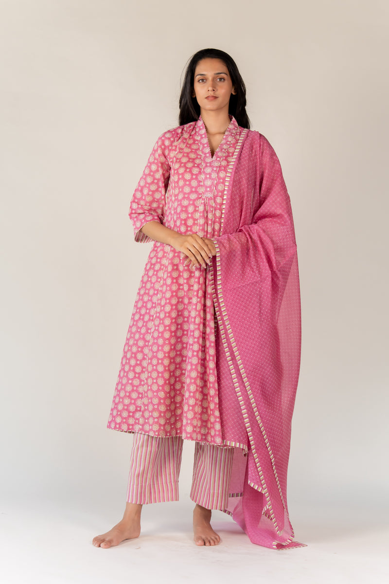 Cotton Hand Block Printed Kurta - Pink