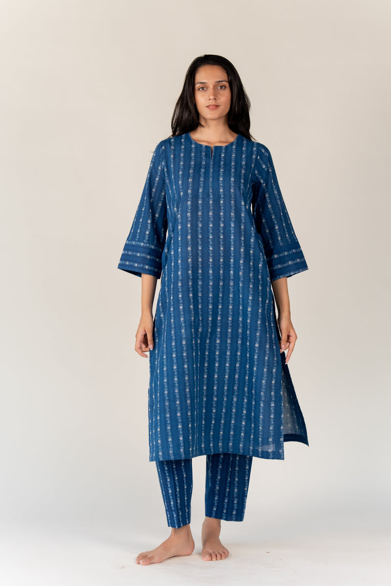 Cotton Hand Block Printed Parallel - Blue