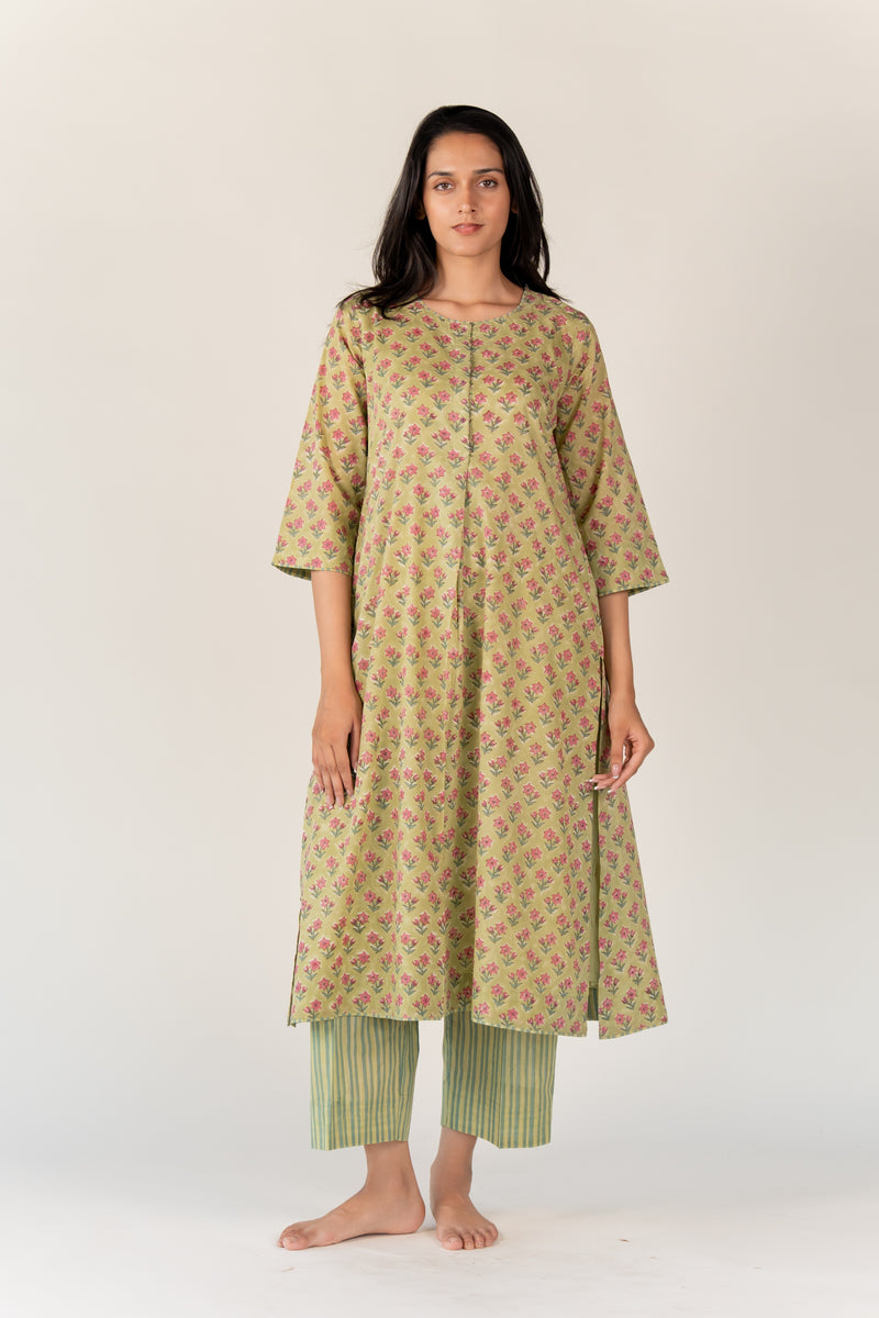 Cotton Hand Block Printed Parallel - Green
