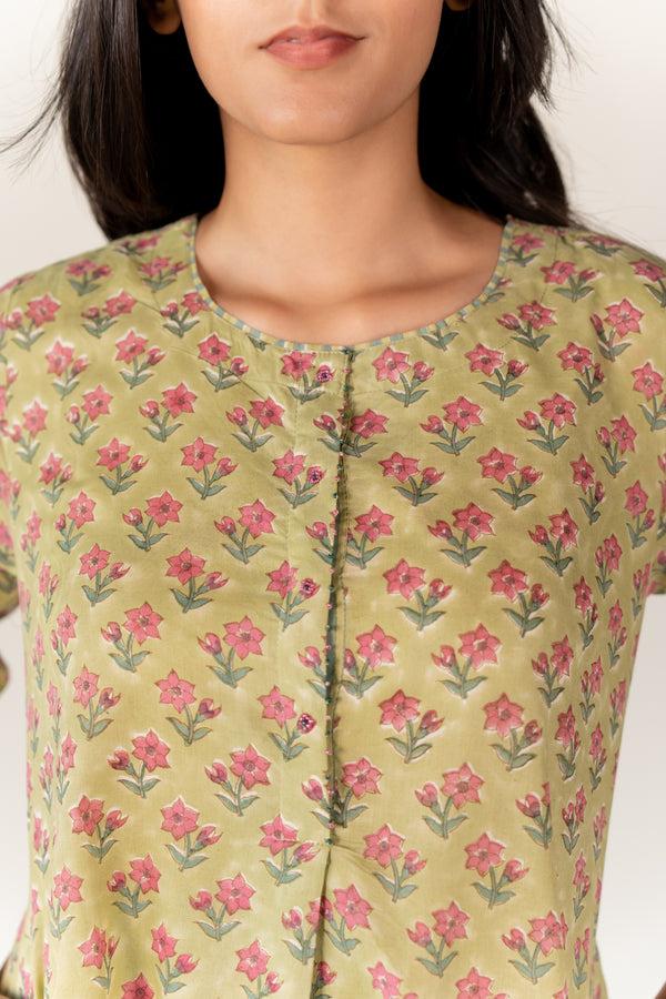 Cotton Hand Block Printed Kurta - Green