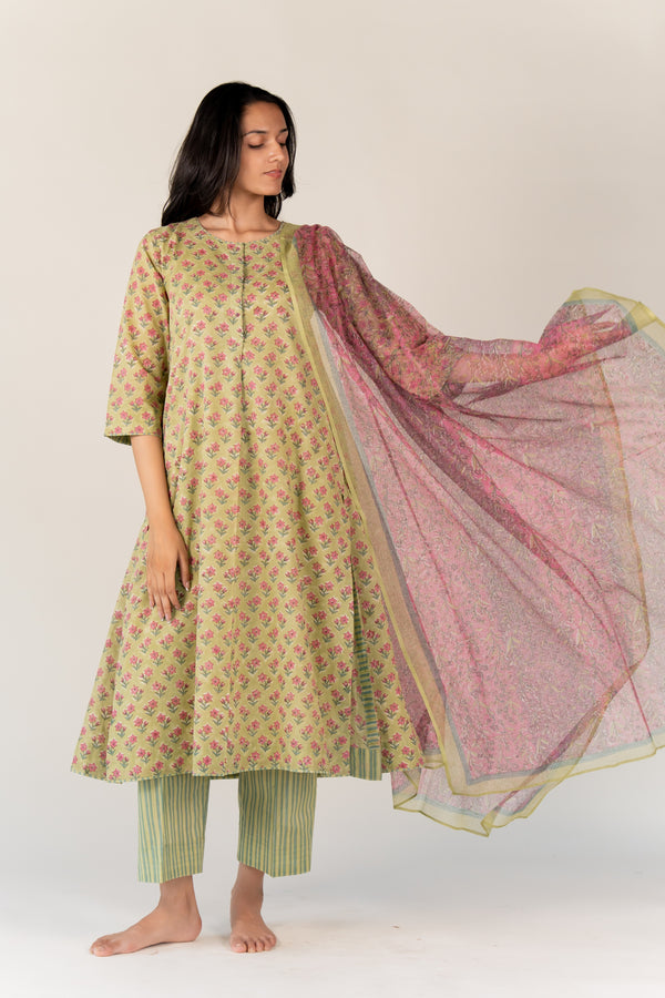 Cotton Kota Doria Dupatta - Green