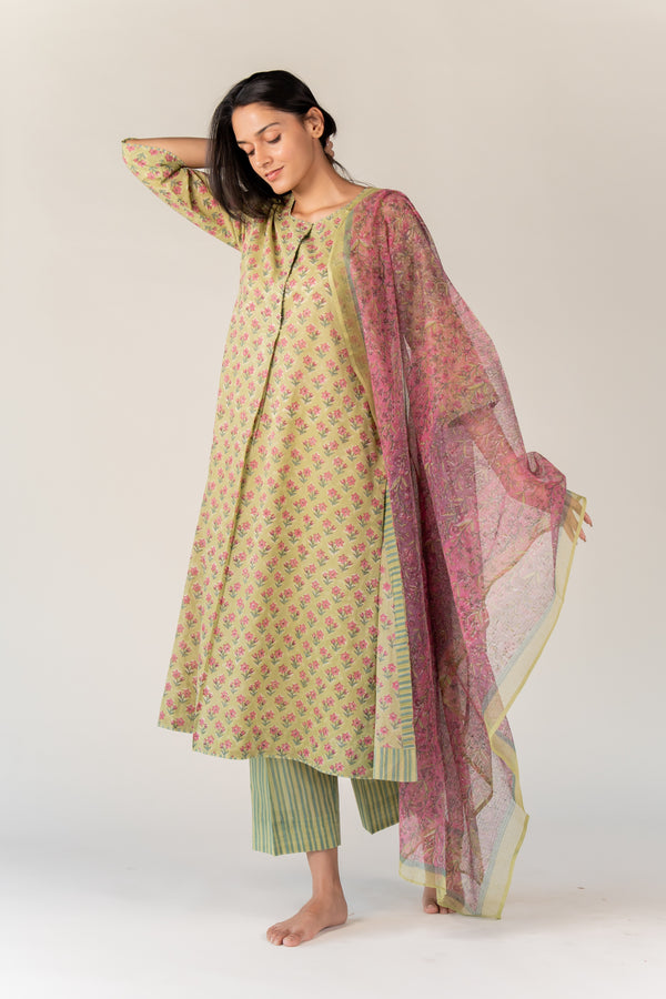 Cotton Kota Doria Dupatta - Green