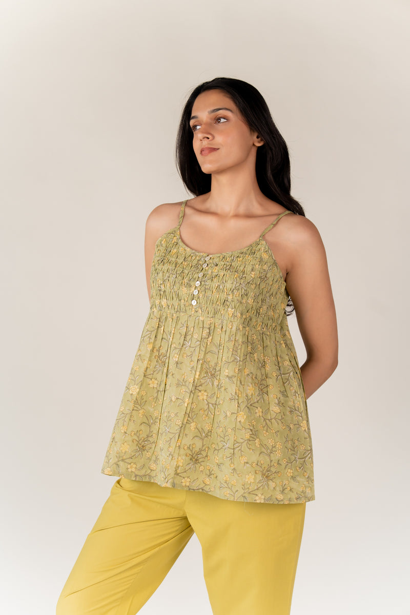 Cotton Hand Block Printed Top - Green