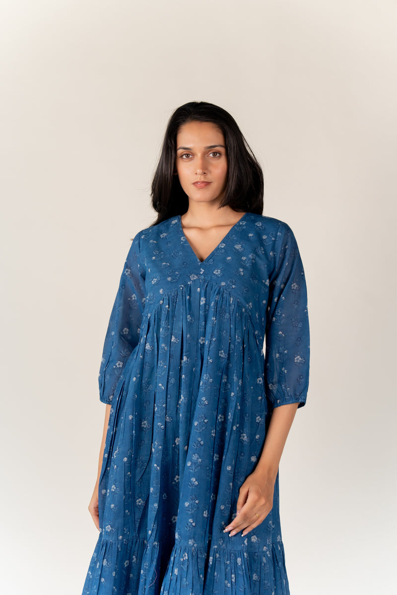Cotton Hand Block Printed Dress - Blue