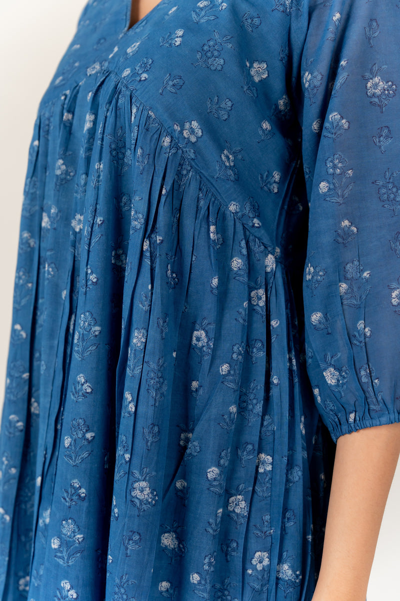 Cotton Hand Block Printed Dress - Blue