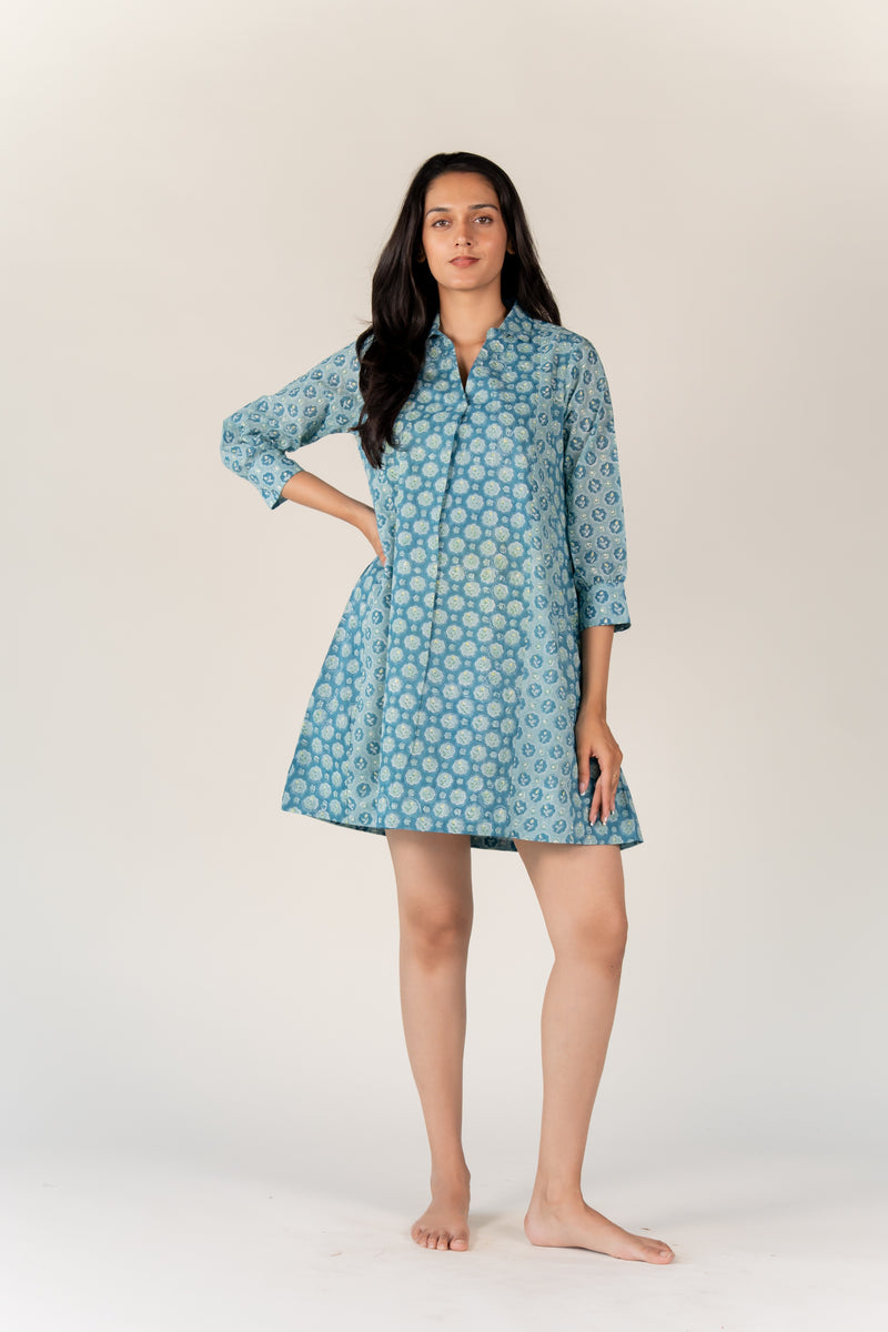 Cotton Hand Block Printed Dress- Blue