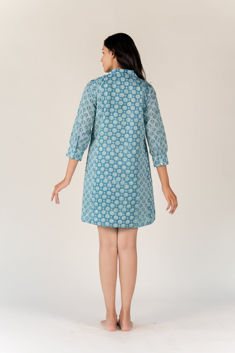 Cotton Hand Block Printed Dress- Blue