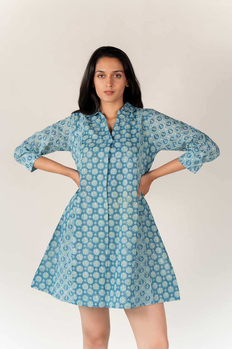 Cotton Hand Block Printed Dress- Blue