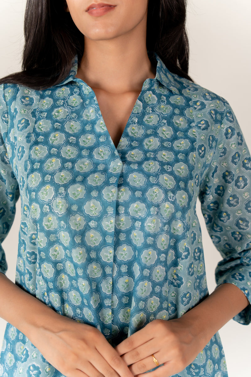 Cotton Hand Block Printed Dress- Blue