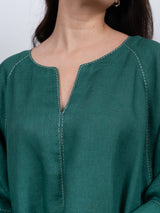 Linen Hand Embroidered Dress - Green