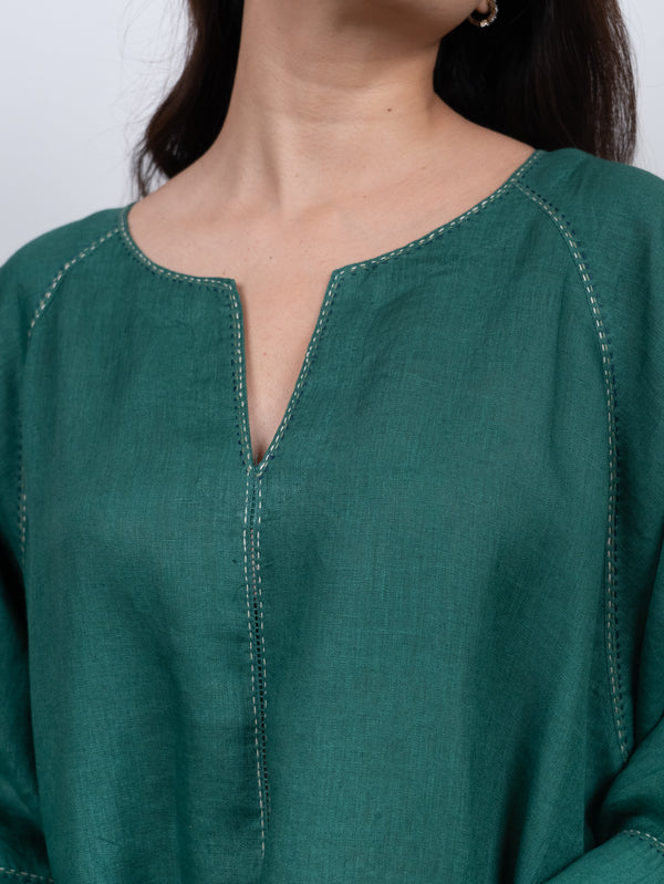 Linen Hand Embroidered Dress - Green