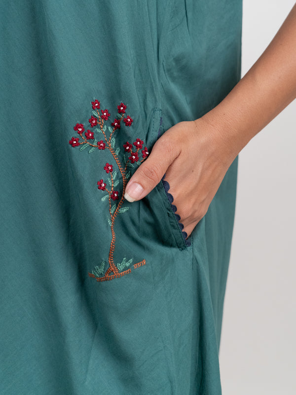 Cotton Hand Embroidered Dress - Green