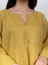 Linen Hand Embroidered Dress - Yellow